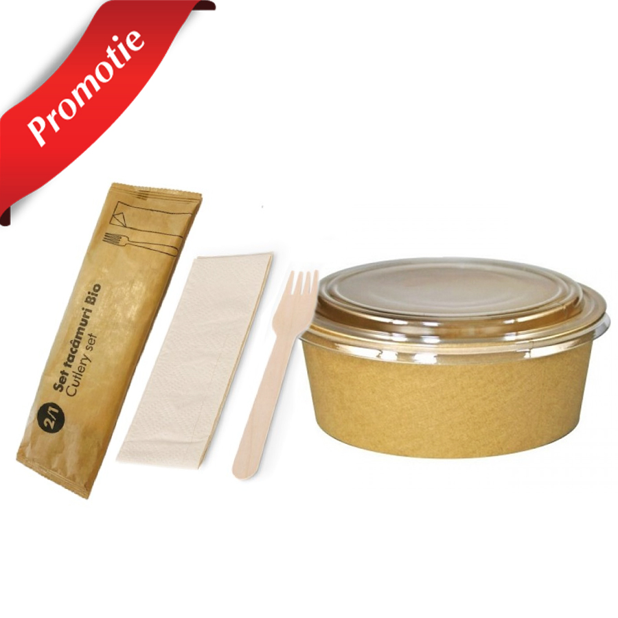 Pachet 500 caserole salata si furculite unica folosinta cu servetel